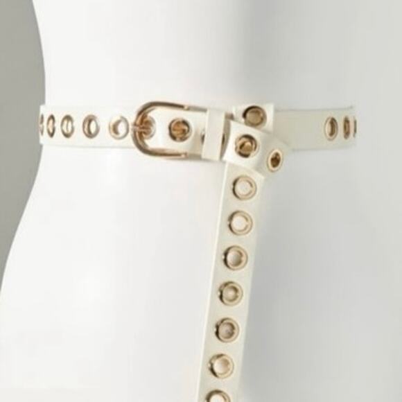 Anthropologie Cream Gold Leather Grommet Tail Belt Wrap Boho Minimalist S NWT main image 9